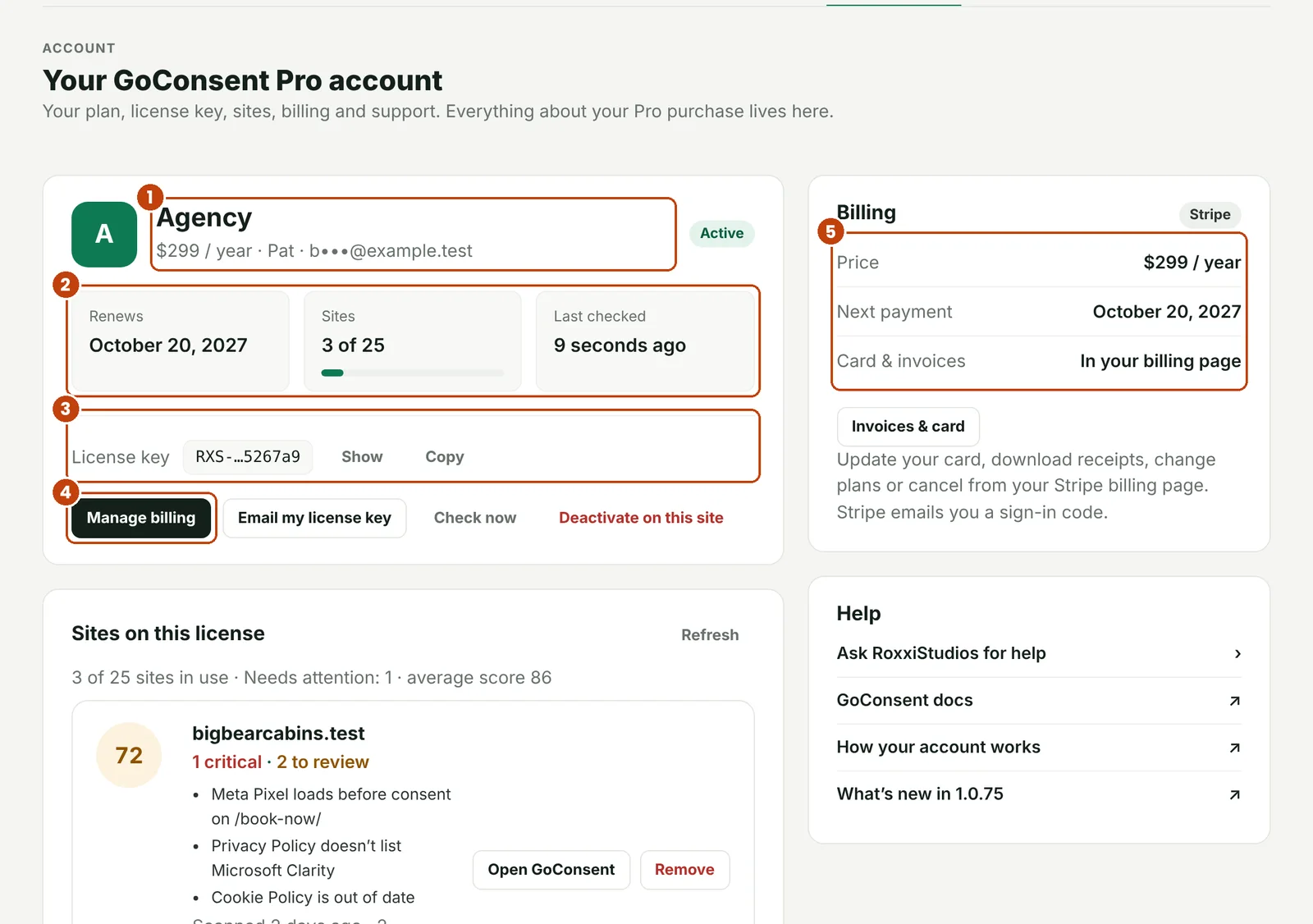 The GoConsent Account tab: plan and price, renewal date, sites in use, license key, Manage billing and the Billing summary.